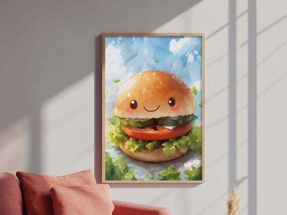 Kawaii Hamburger Print Cute Hamburger Painting Kitchen Decor Kawaii Wall Art Veggie Burger Painting