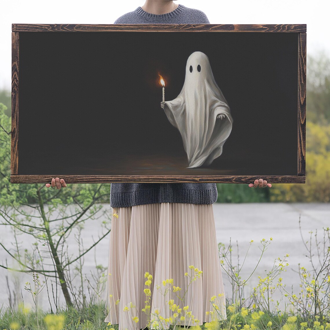 Cute Ghost Holding Candle Dark Background Oil Painting Halloween Poster - Image 2