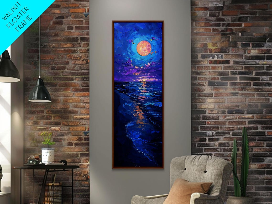 Full Moon Night Ocean Deep Blue Waves Starry Sky Painting Poster - Image 2