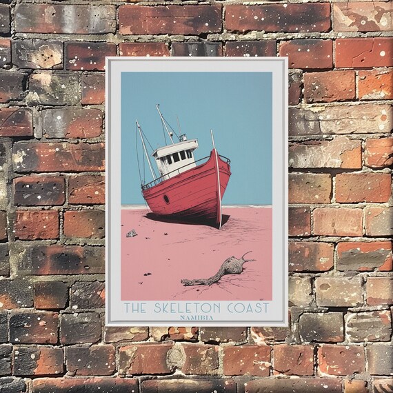 Skeleton Coast Namibia Shipwreck Desert Sand Blue Sky Vintage Travel Poster
