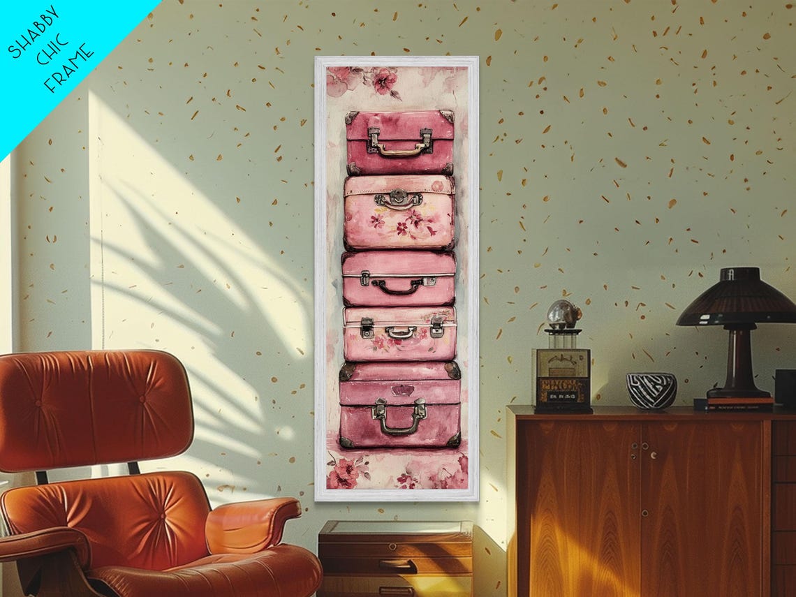 Pink Suitcase Print Cottagecore Wall Art Rustic Decor Whimsical Art Light Pink Wall Art Vertical Gift Idea Above Sofa Art - Image 5