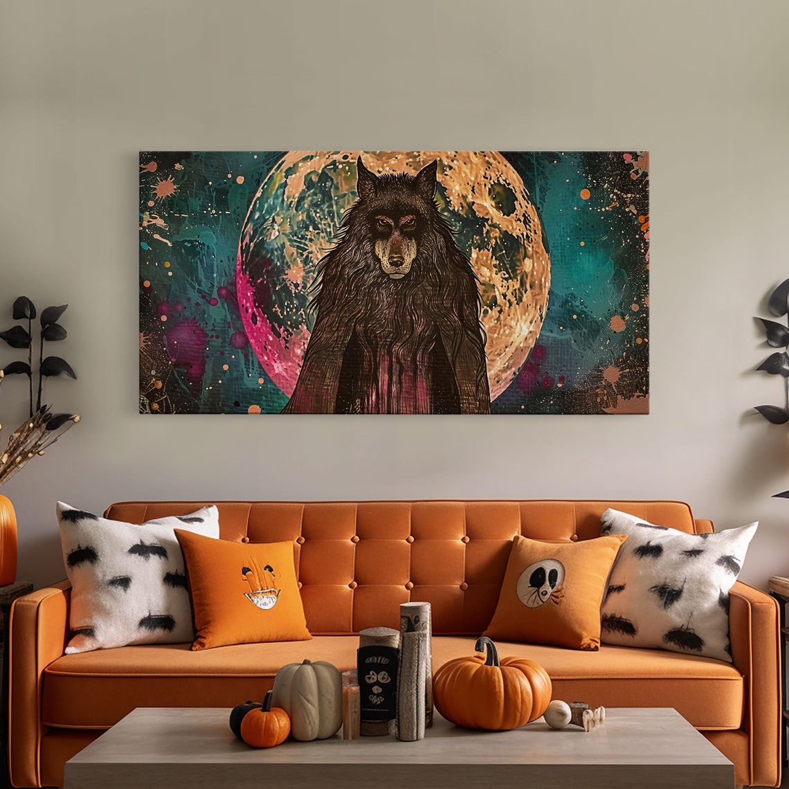 Hooded Werewolf Before Full Moon Colorful Night Sky Halloween Print - Image 5