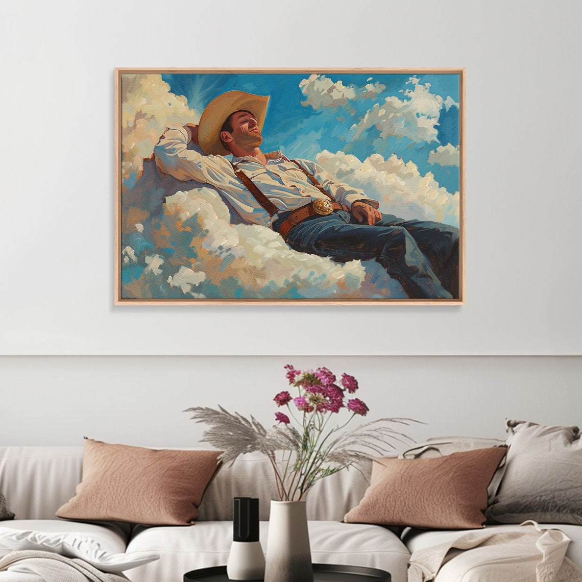 Cowboy Relaxing On Clouds Bright Blue Sky Whimsical Western Poster - Image 5