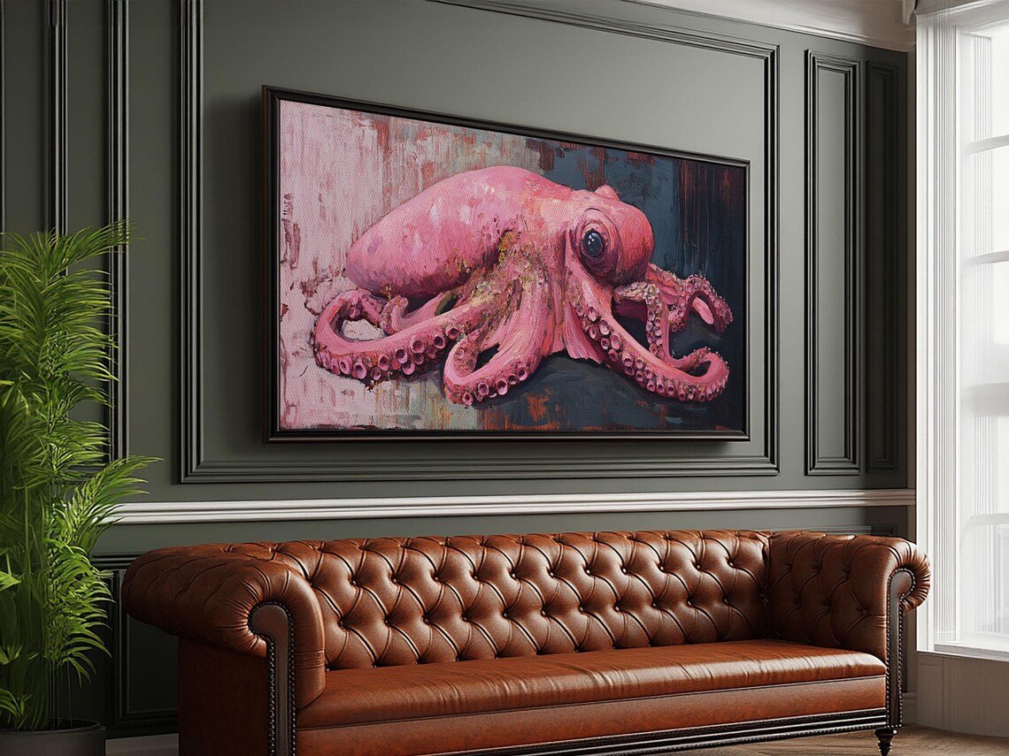 Pink Octopus Framed Print Wabi Sabi Style Minimalist Wall Art Octopus Painting - Image 4