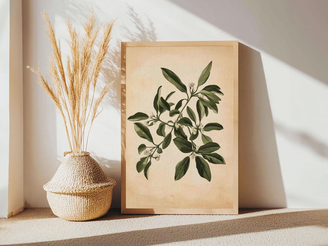Vintage Botanical Green Leaves White Blossoms On Beige Paper Poster - Image 6