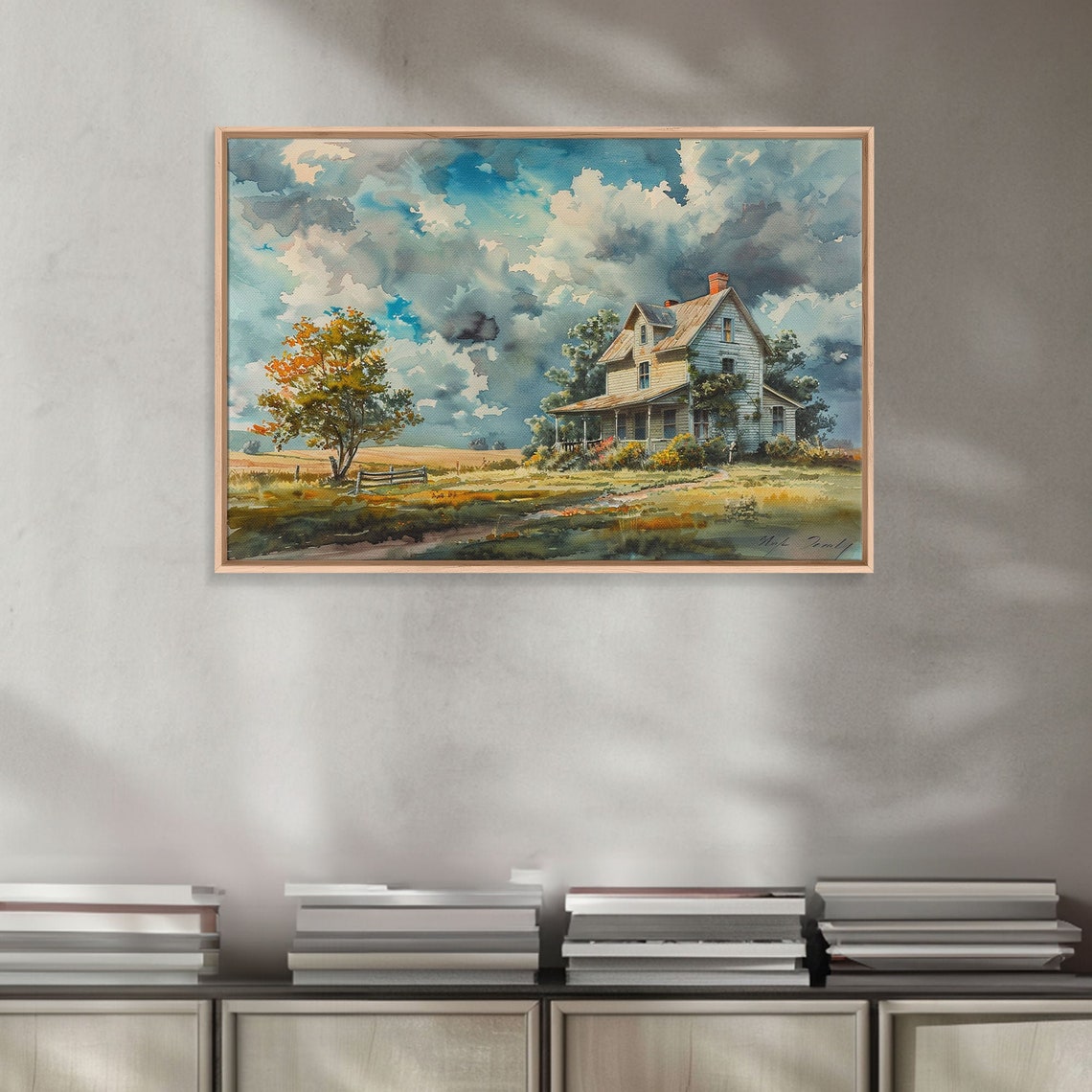 Farmhouse Under Dramatic Clouds Watercolor Autumn Tree Field Poster - Image 5