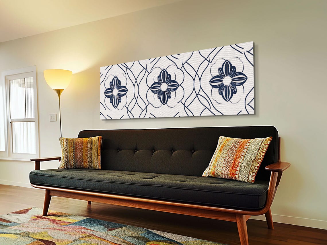 Navy Blue Floral Pattern Tile Art Moroccan Line Flower Wall Poster - Image 6