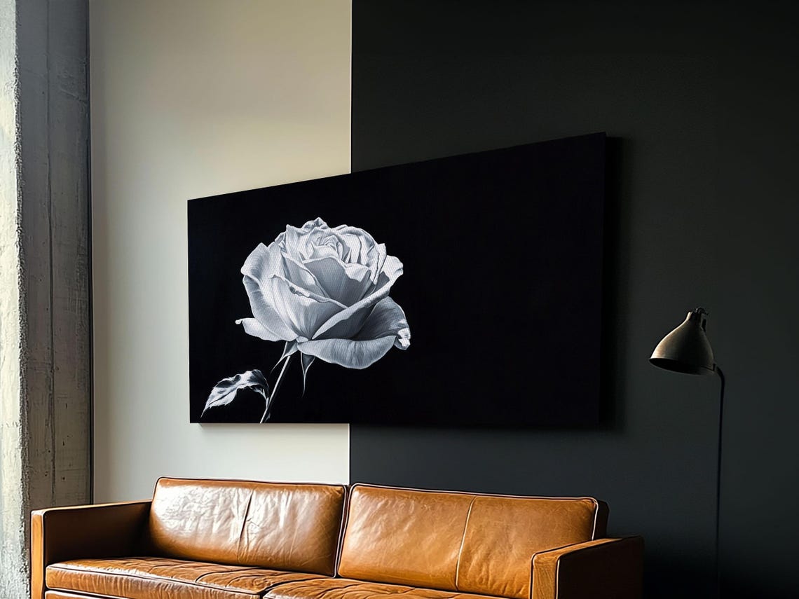 White Rose Monochrome Painting Black and White Floral Wall Art Print - Image 6