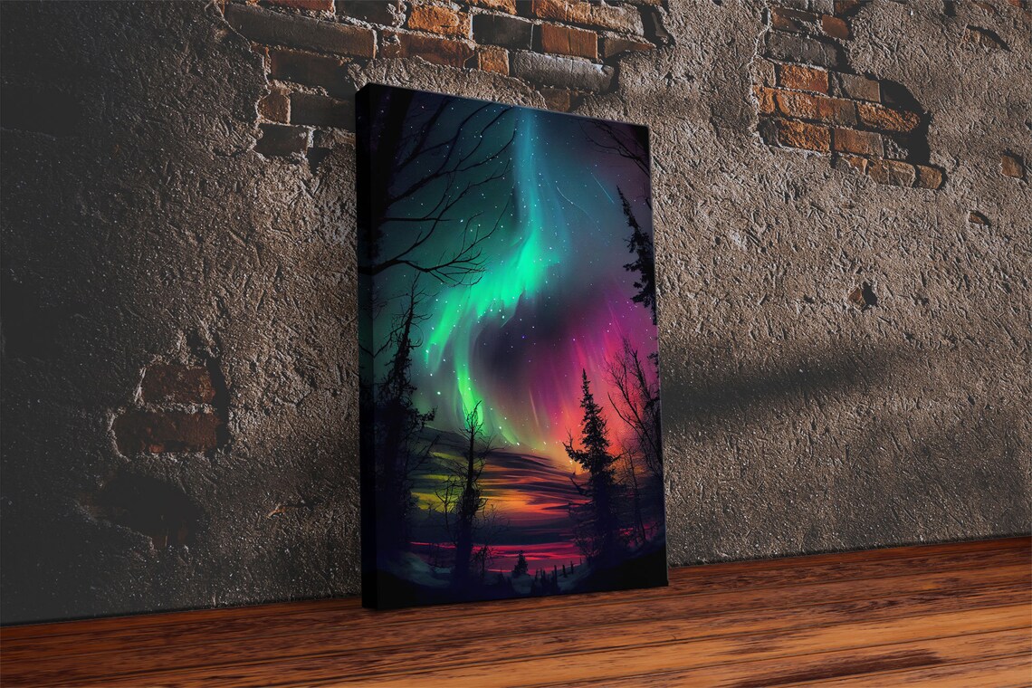 Aurora Borealis Mountain Landscape Art Print