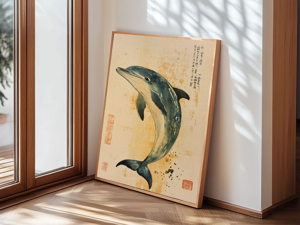 Japanese Leaping Dolphin Ink Painting With Calligraphy Animal Wall Art - Image 6