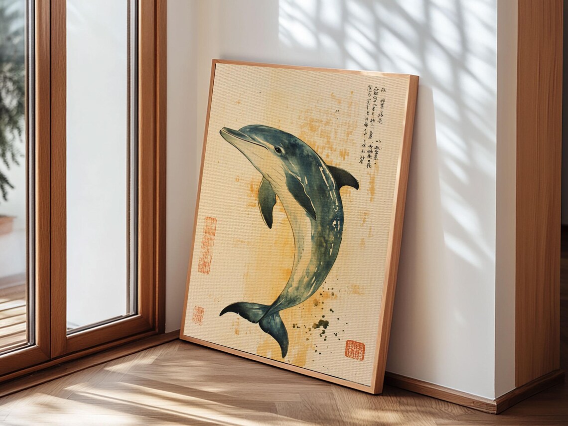 Japanese Style Dolphin Print Nautical Decor Framed Print Dolphin Painting Dolphin Art Gift For Him Office Art - Image 6