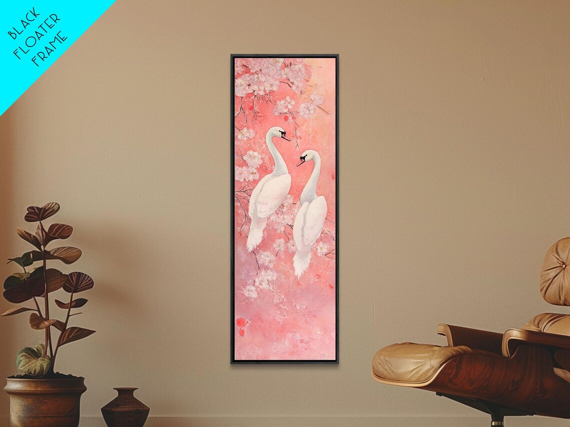 White Swans Cherry Blossoms Pink Watercolor Romantic Art Poster