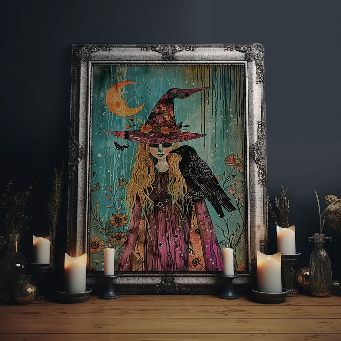Witch With Crow In Magical Forest Crescent Moon Illustration Poster
