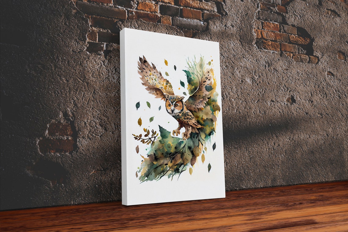 Owl In Flight Watercolor Painting Spreading Wings Bird Print