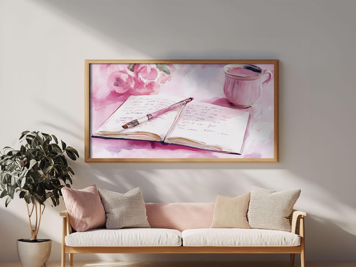 Pink Journal Tea Cup Open Notebook Cozy Writing Desk Wall Poster - Image 2