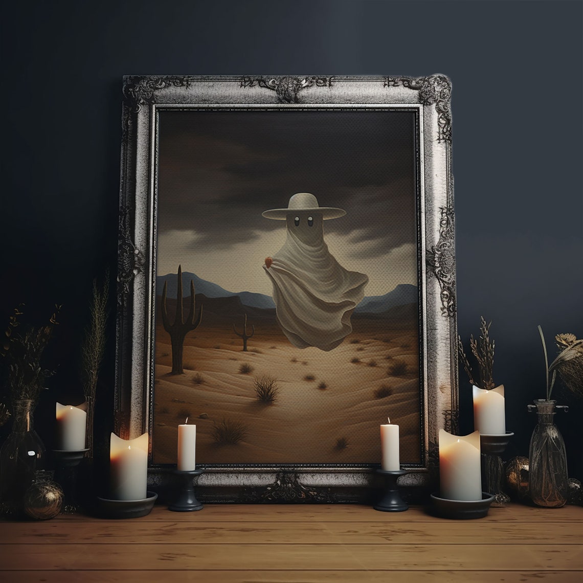 Cowboy Ghost In Desert With Cactus Under Stormy Sky Western Print - Image 5