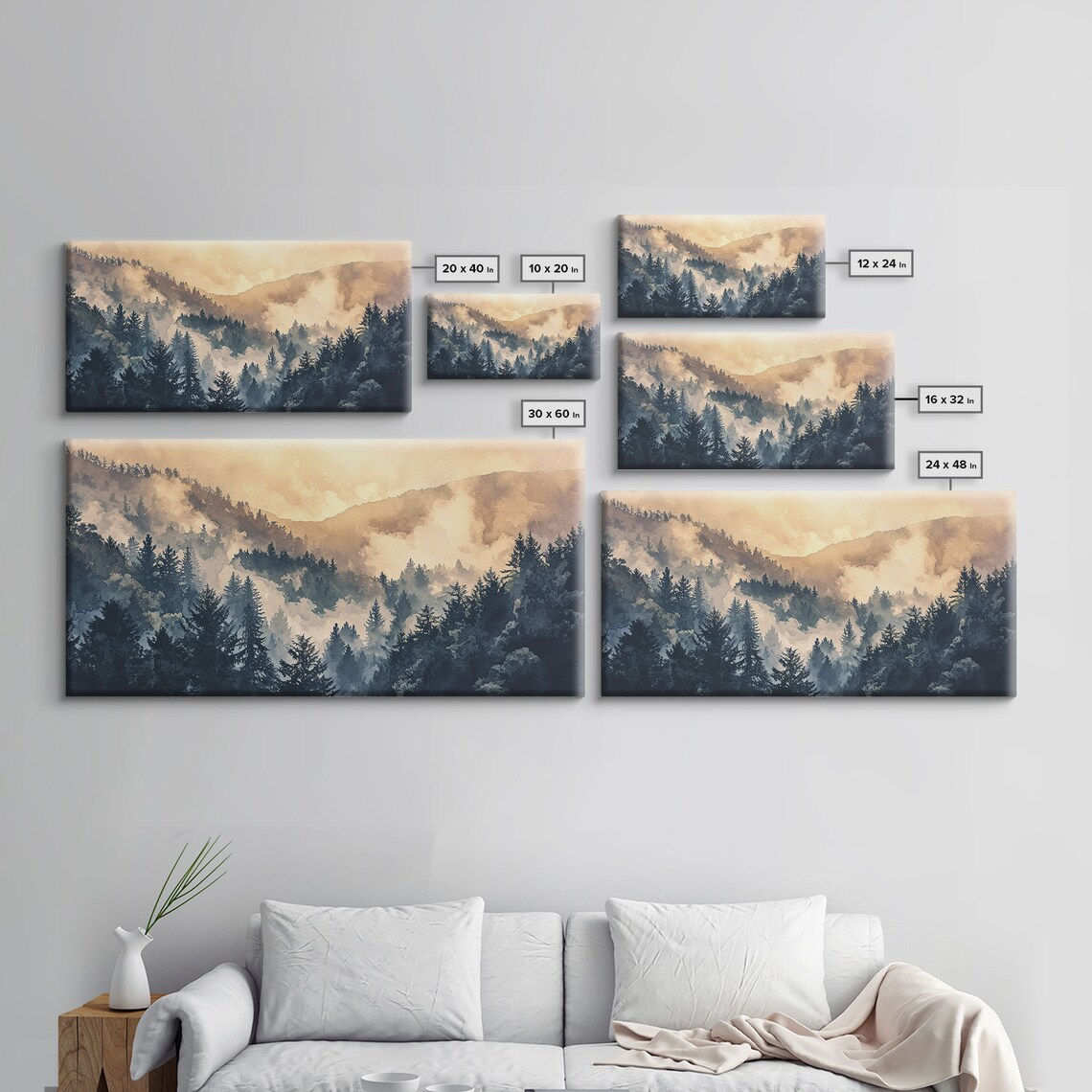 Misty Pine Forest Mountain Golden Sunrise Watercolor Art Poster - Image 2