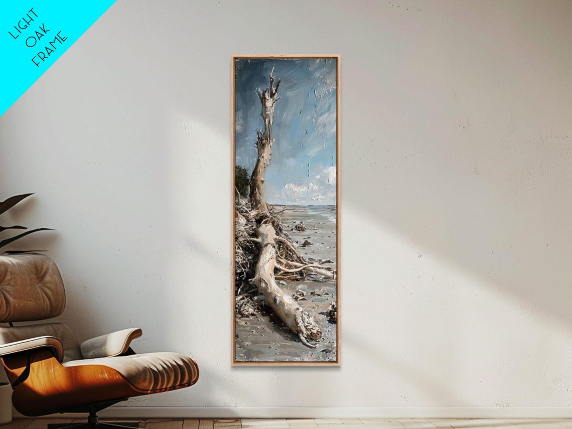 Driftwood Tree Trunk Sandy Beach Calm Ocean Coastal Scene Poster - Image 2