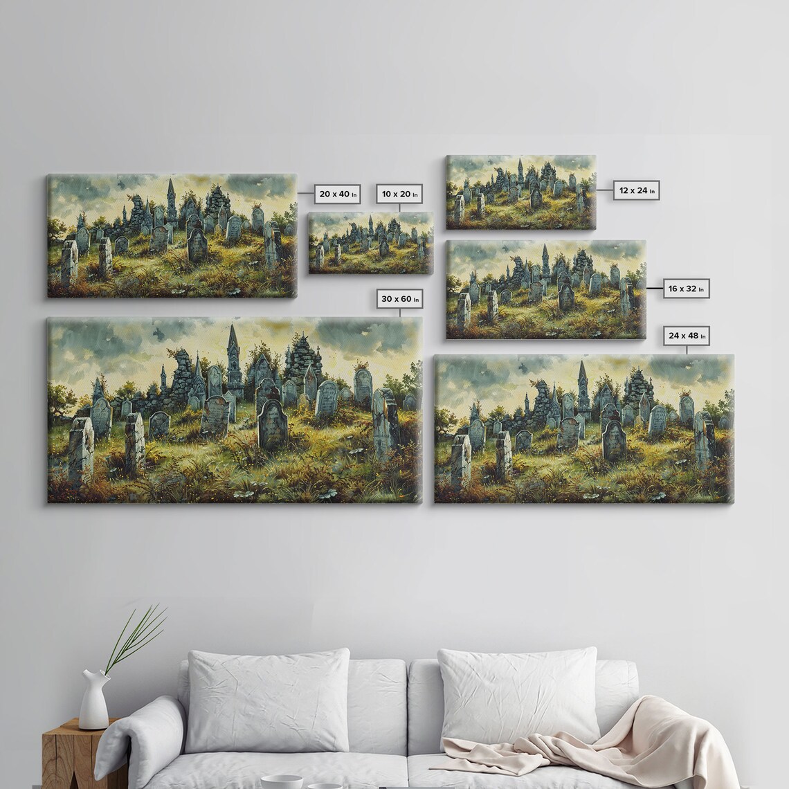 Haunted Cemetery Overcast Old Tombstones Ruined Chapel Spooky Wall Art - Image 2