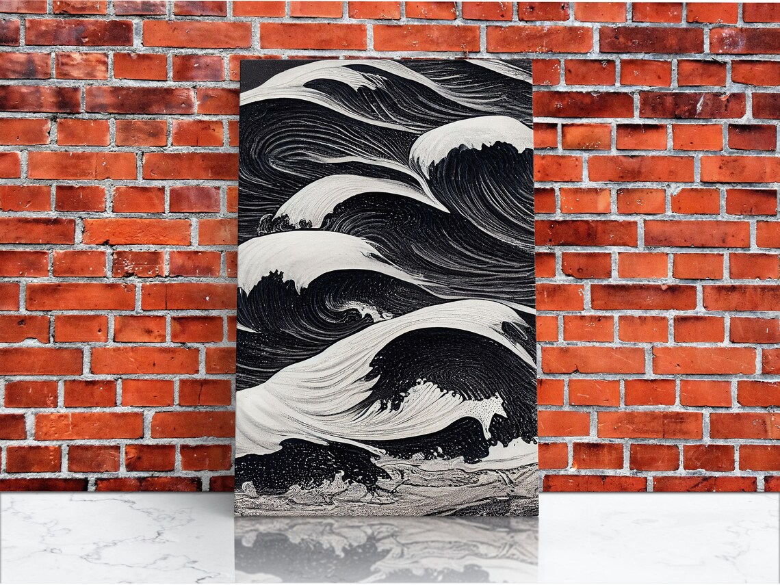 Black And White Tidal Waves Japanese-Style Art Print - Image 4