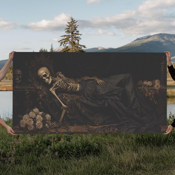 Reclining Skeleton Among Roses In Dark Romantic Gothic Art Poster