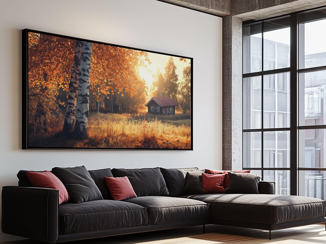Cozy Autumn Cabin Birch Trees Golden Fall Sunset Landscape Poster