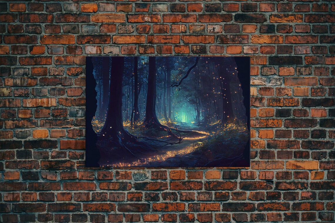 Fireflies in a Mystical Fantasy Forest at Night, Art Print