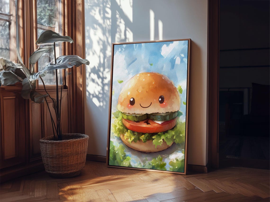 Kawaii Smiling Hamburger Cute Watercolor Kitchen Wall Art Print - Image 3