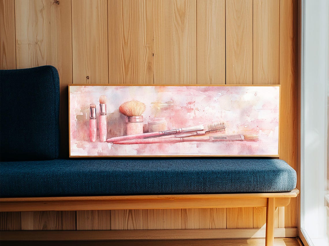 Pink Watercolor Makeup Brushes Vanity Set Horizontal Wall Art Poster