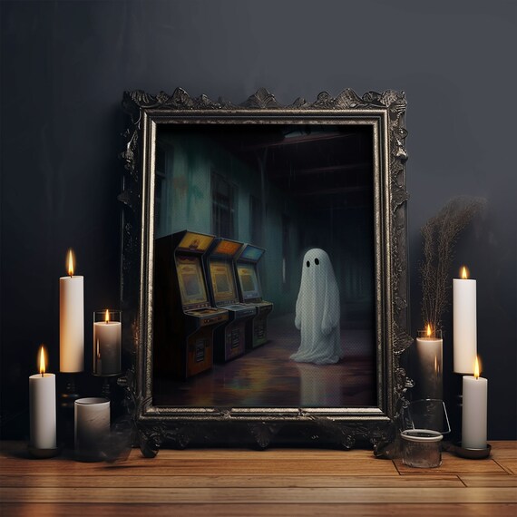 Ghost In Abandoned Arcade Among Retro Game Machines Dark Wall Art
