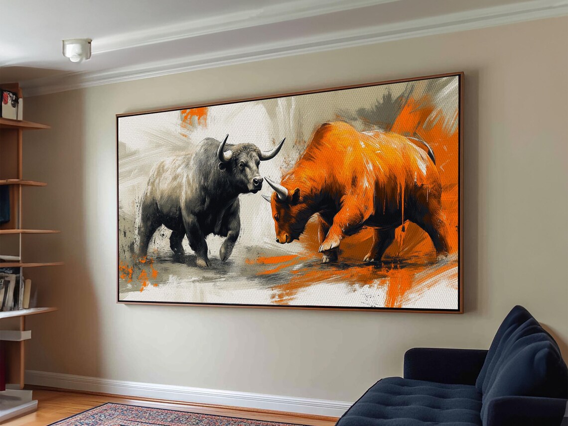 Bull And Bear Financial Market Art Rustic Orange Black Wall Decor Print - Image 3