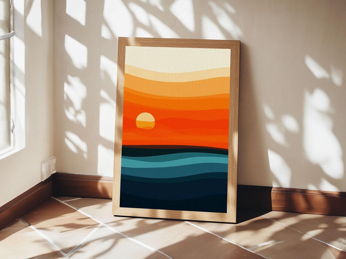 Art Deco Ocean Sunset Orange Sun Teal Waves Gradient Minimalist Art Print - Image 5