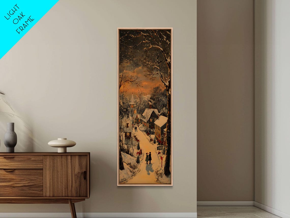 Snowy Village Street At Dusk Couple Strolling Winter Scene Poster - Image 4