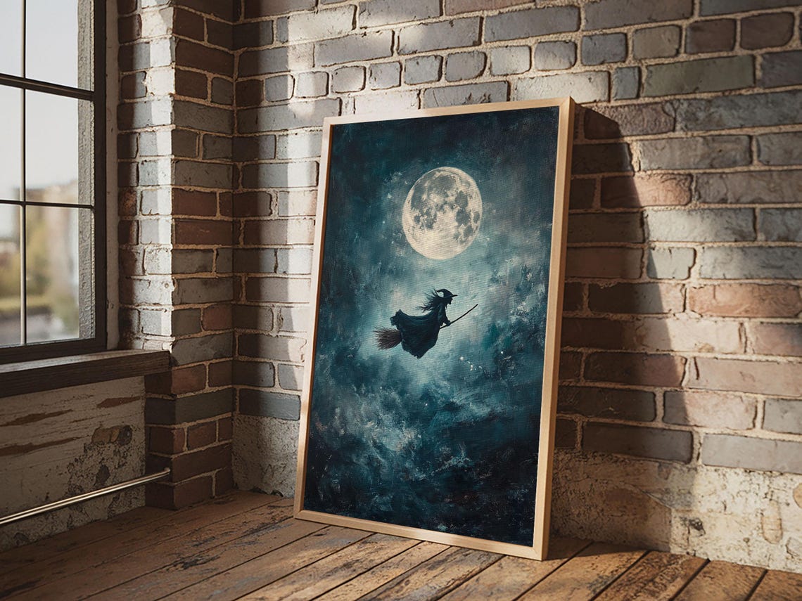 Witch Flying On Broom Under Full Moon Teal Night Sky Wall Art Print - Image 5