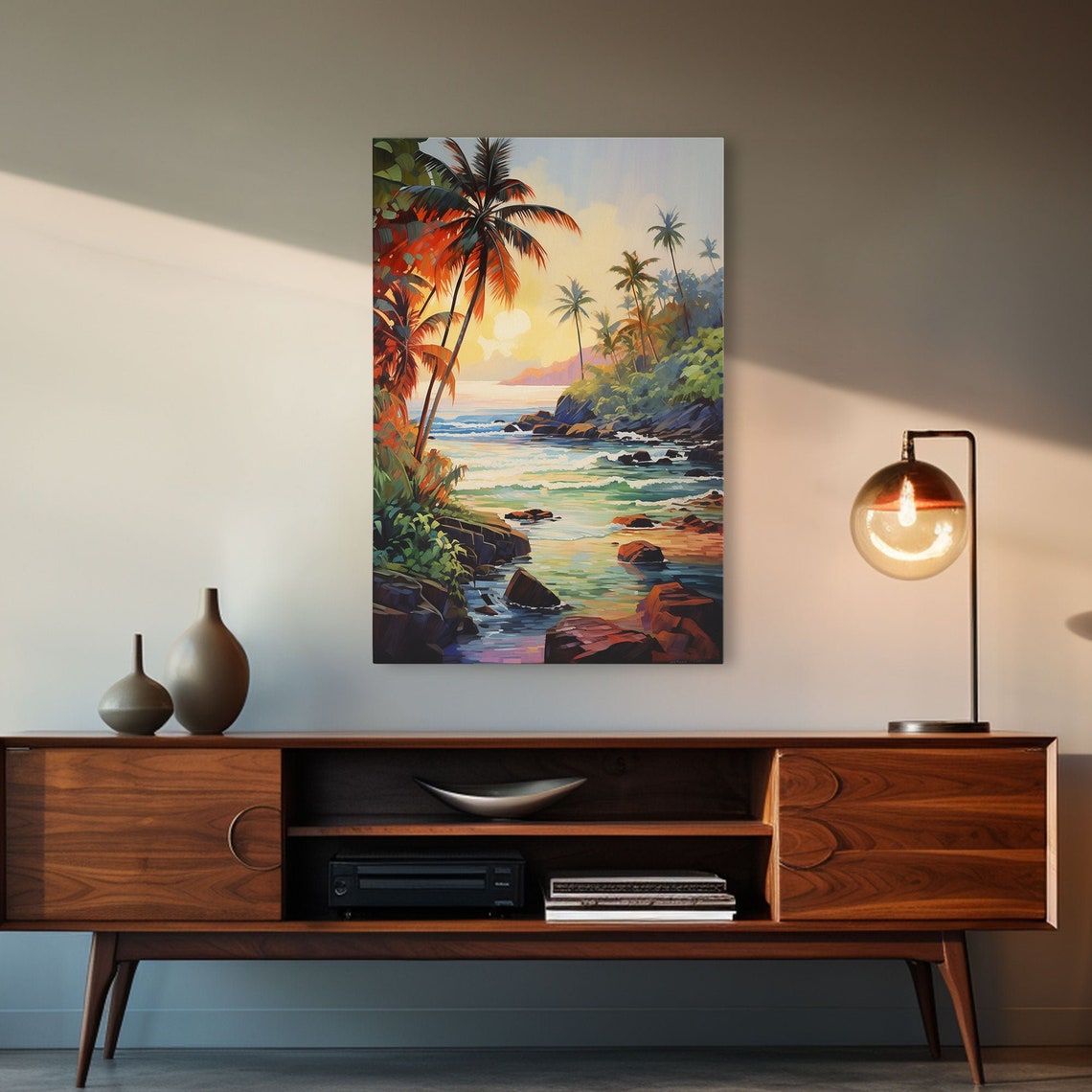 Tropical Cove Palm Trees Rocky Shore Retro Island Paradise Art Poster - Image 4