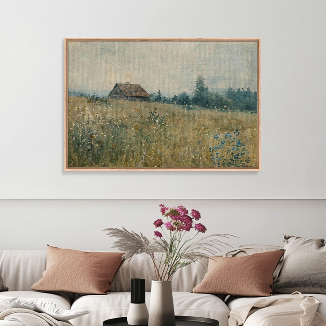 Misty Watercolor Barn Hilltop Wildflowers Quiet Morning Art Poster