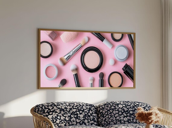 Pink Makeup Flat Lay Brushes And Cosmetics Preppy Vanity Poster