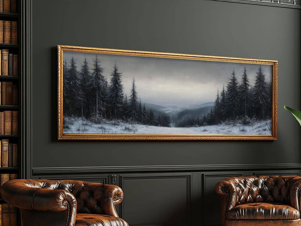 Black And White Snowy Pine Forest Bleak Winter Panoramic Print - Image 2