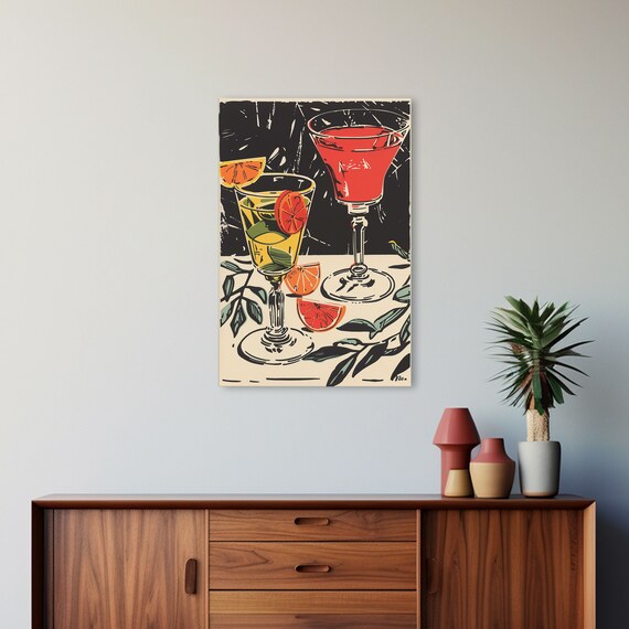 Retro Cocktail Duo Yellow And Red Drinks Vintage Bar Wall Poster