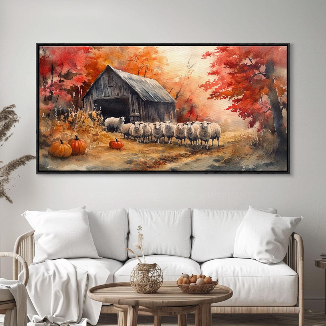 Woolly Sheep Flock By Old Barn With Pumpkins Autumn Art Print - Image 3