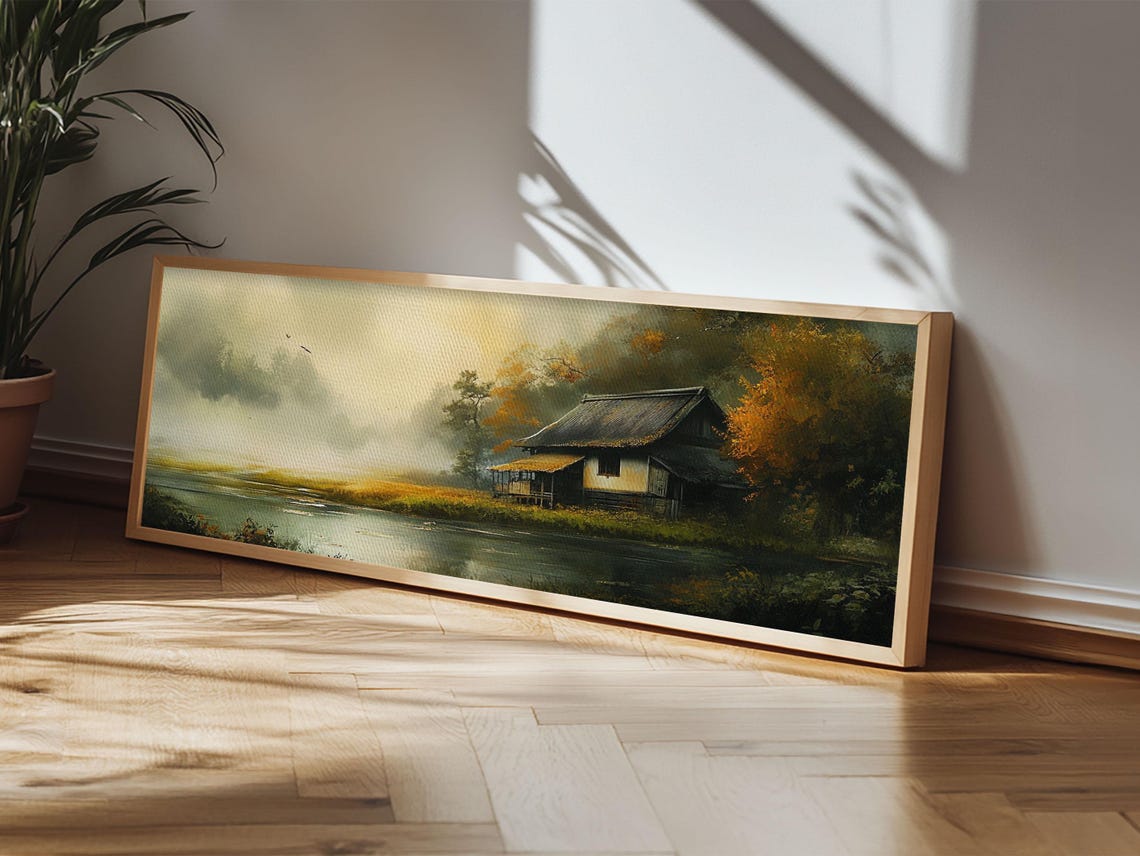 Autumn Lakeside Cabin Misty Water Golden Trees Rustic Wall Poster - Image 4