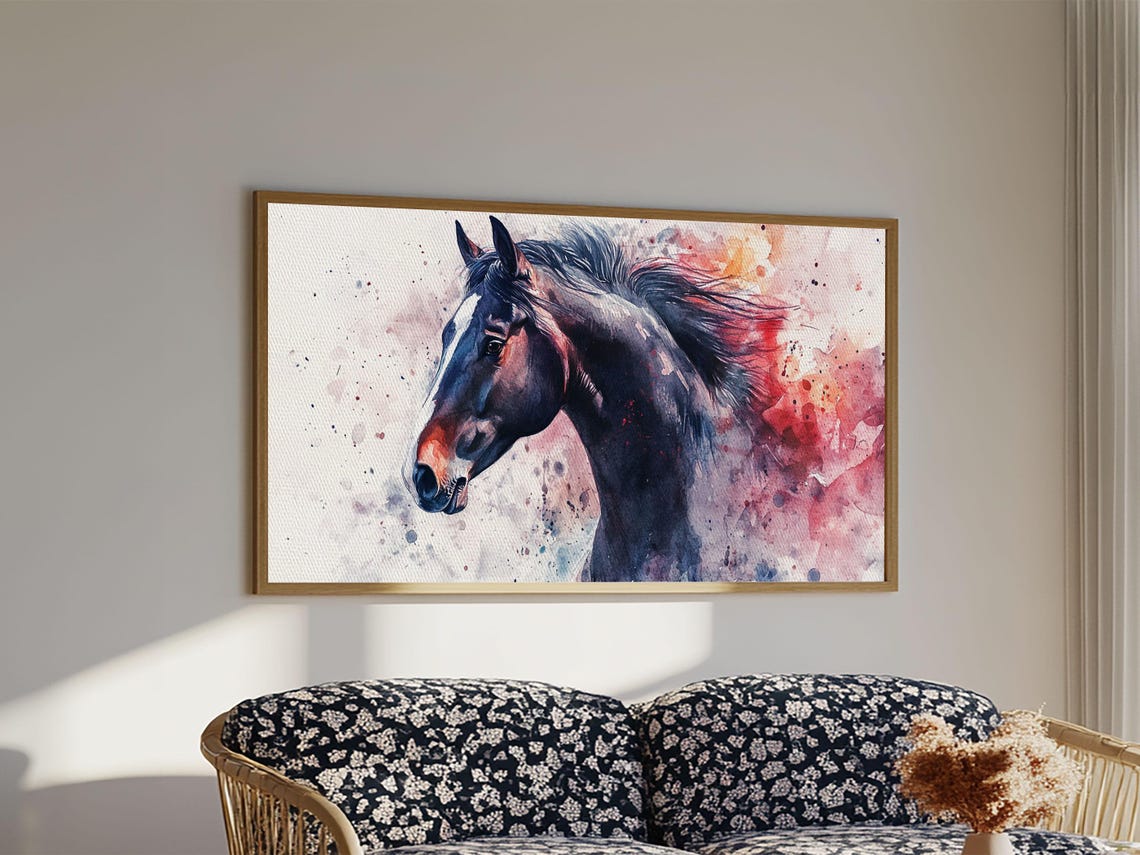Dark Horse Head Watercolor Splash Equestrian Art Rustic Wall Poster - Image 2