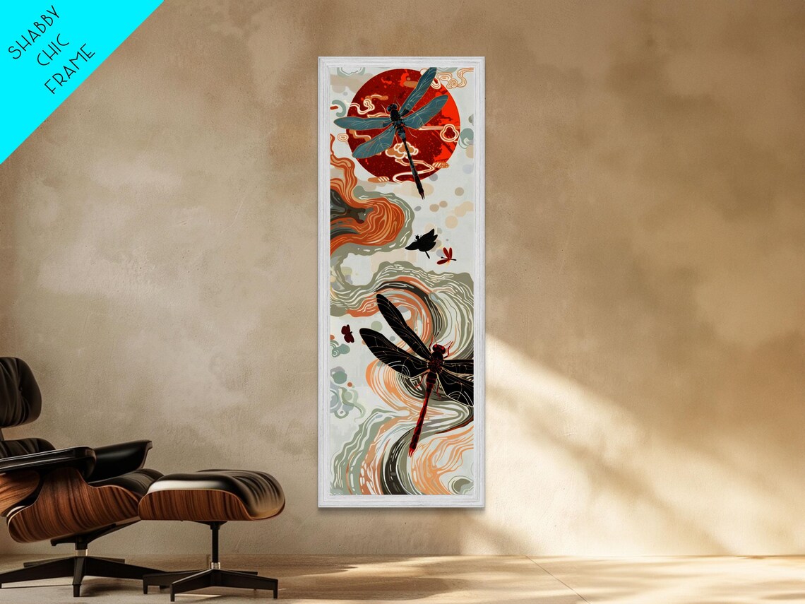 Dragonflies Bold Red Sun Flowing Clouds Japanese Style Tall Vertical Wall Art Poster - Image 3