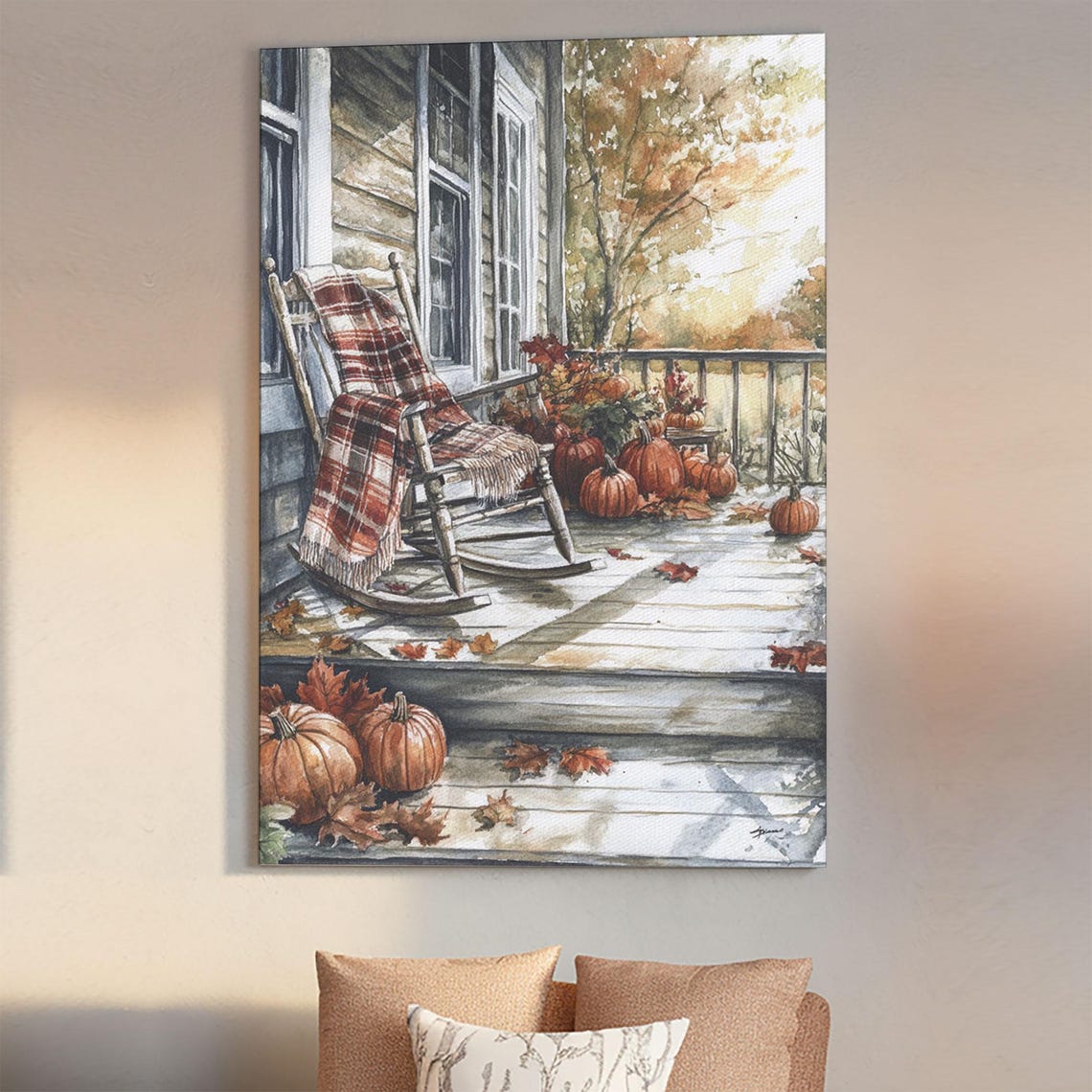 Fall Rocking Chair Porch Pumpkins Plaid Blanket Watercolor Wall Art - Image 5