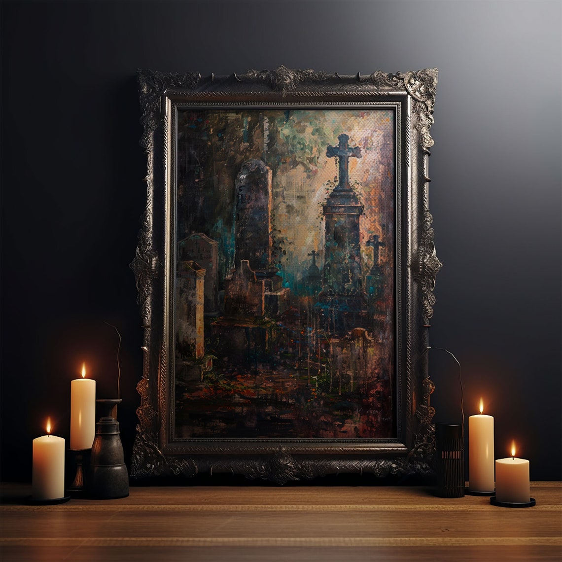 Gloomy Cemetery Stone Crosses Foggy Painterly Graveyard Art Poster - Image 4