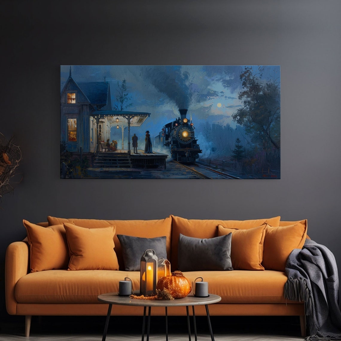 Steam Train Arriving At Moonlit Night Station Spooky Halloween Print - Image 3