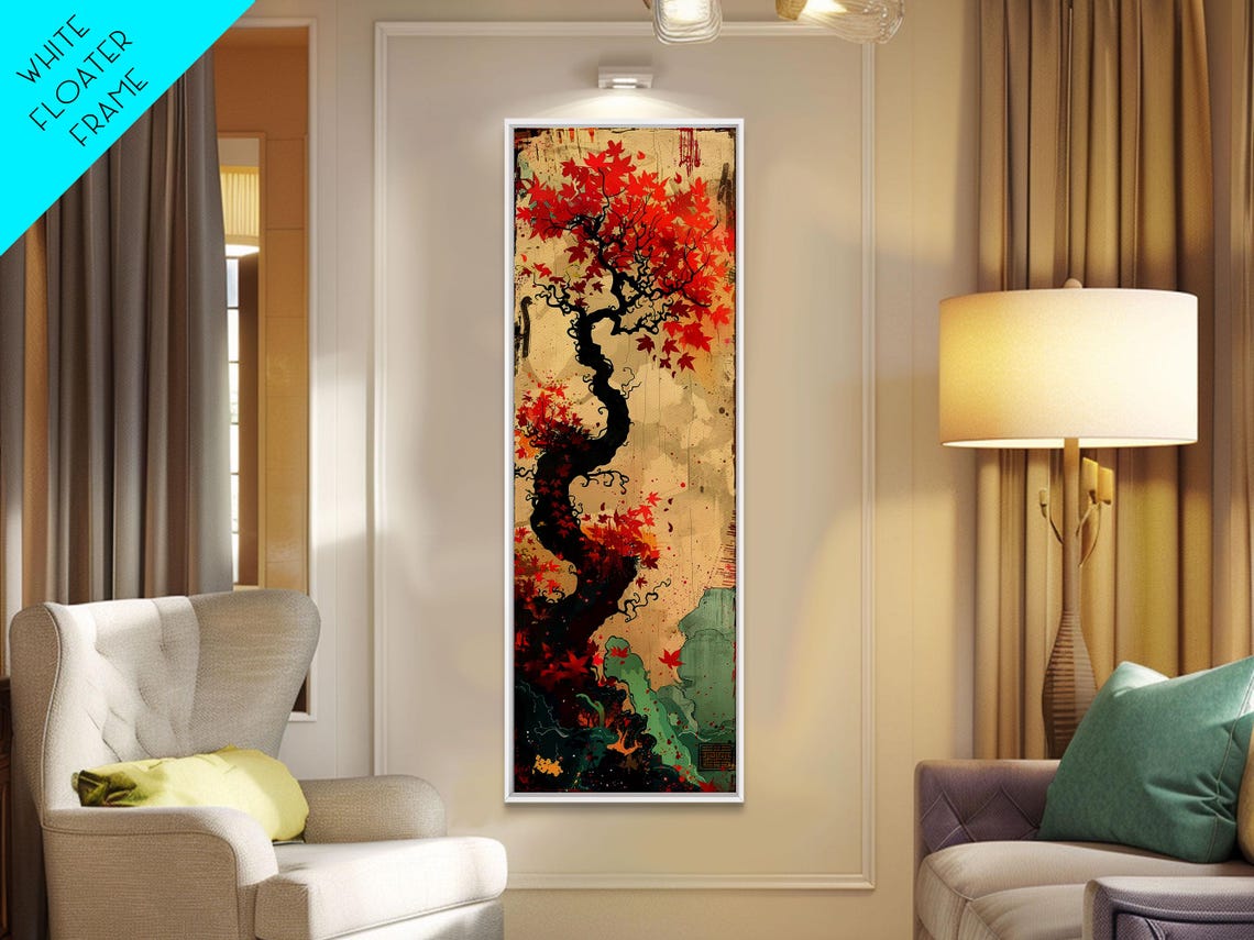 Twisted Autumn Tree Red Maple Leaves Dramatic Tall Art Print - Image 3