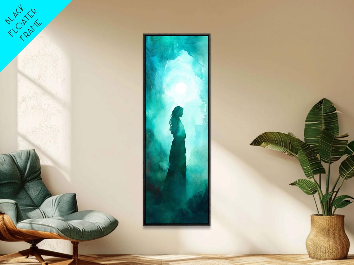 Moonlit Goddess Silhouette Teal Watercolor Night Mystical Wall Poster - Image 2