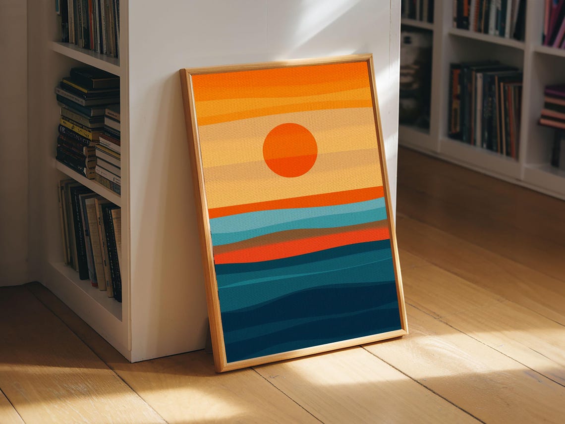 Minimalist Retro Sunset Over Ocean Waves Orange Teal Art Poster - Image 4