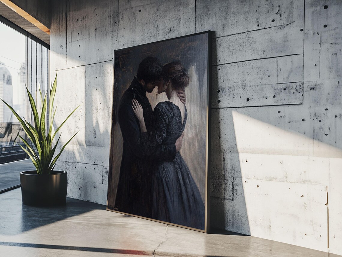 Dark Romance Couple Embrace Oil Painting Moody Victorian Wall Art Print - Image 5
